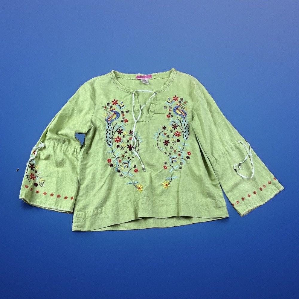 Sugar Lips Top Tunic Women's Small Green Linen Floral Bird Embroidered